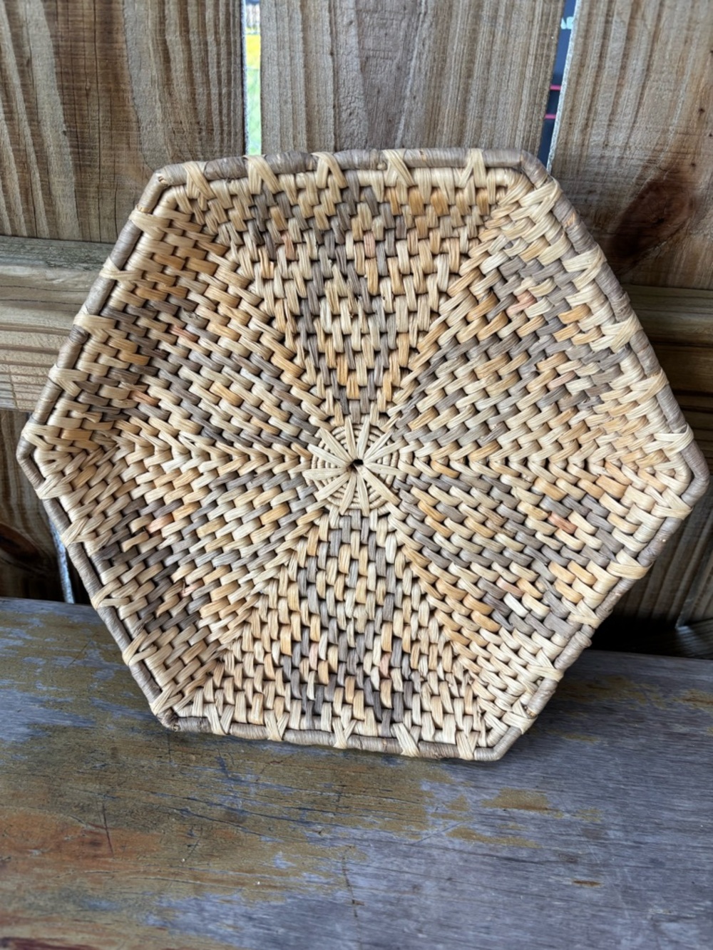 Vintage Hand Woven Decorative Hexagon Flat Basket Tan with Grey Design Details